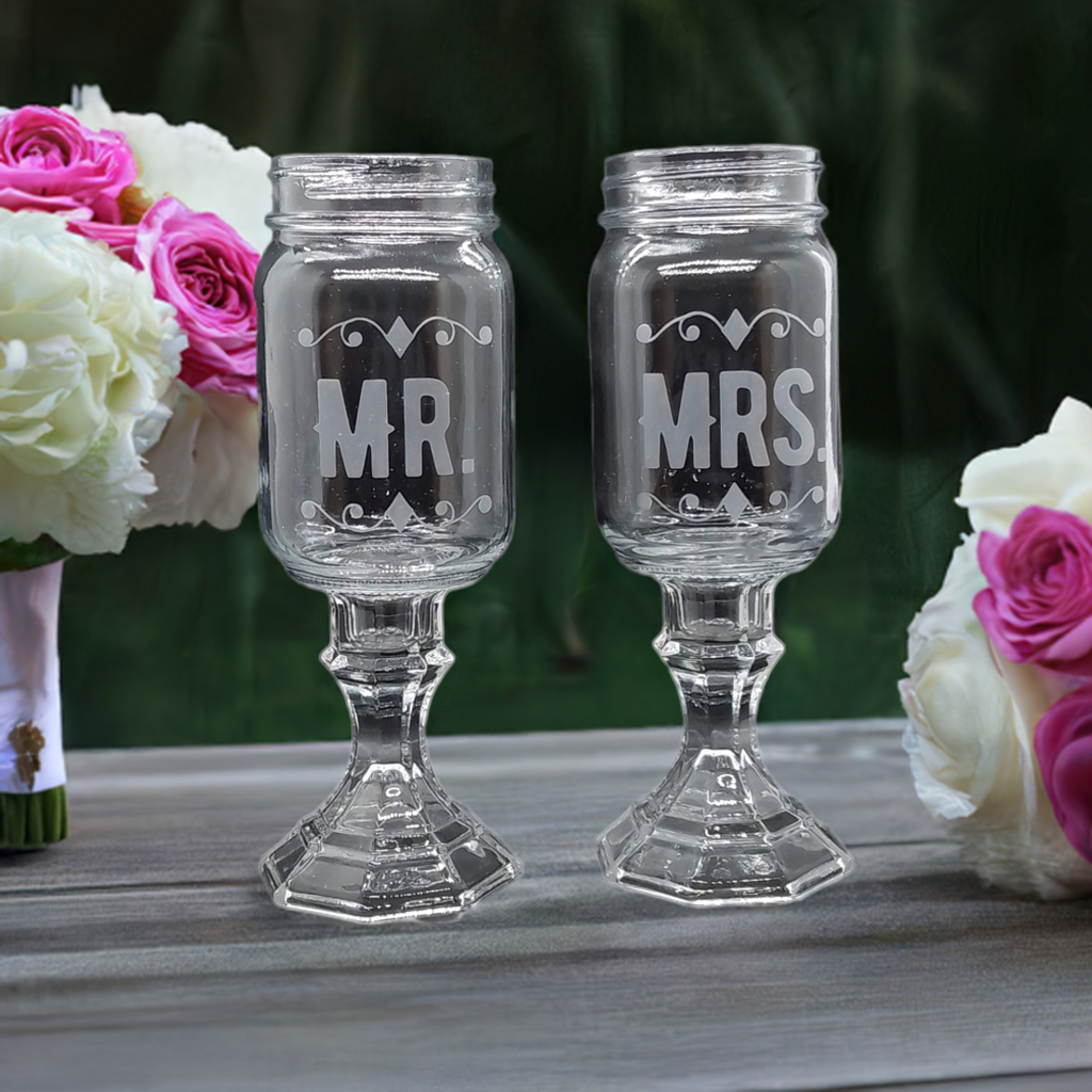 Personalized Engraved Mason Jar Toasting Glasses on Stem with Hummingbird Charm