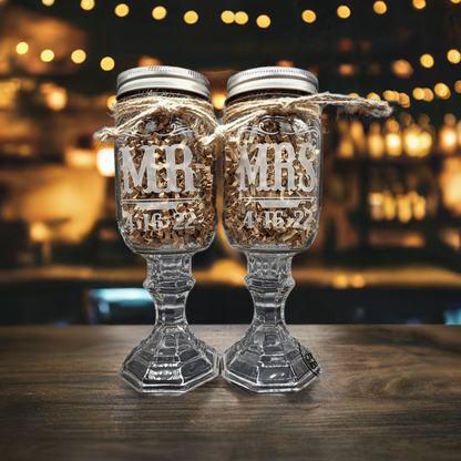 Etched Mason Jar Toasting Glasses with Jute & Crinkle Paper Packaging