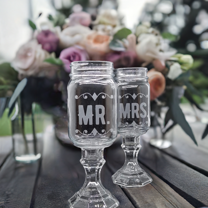 Personalized Engraved Mason Jar Toasting Glasses on Stem with Hummingbird Charm