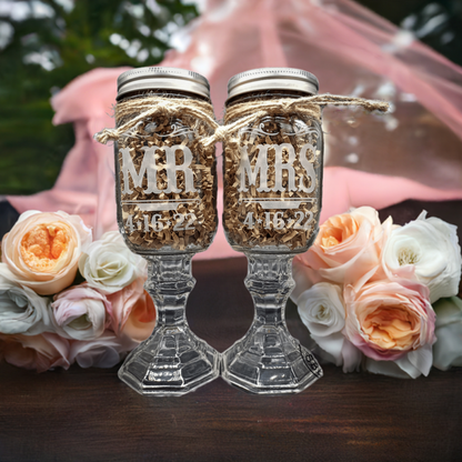 Etched Mason Jar Toasting Glasses with Jute & Crinkle Paper Packaging