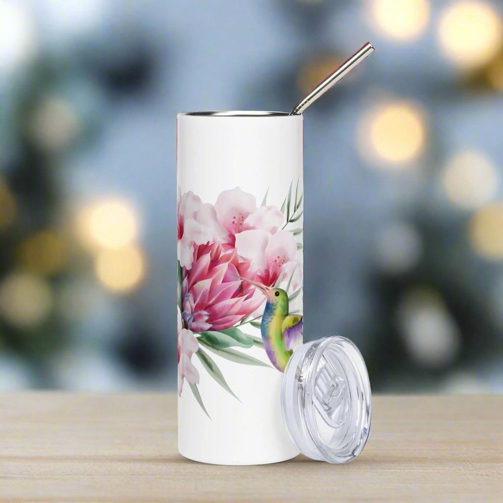 20oz Stainless Steel Skinny Tumbler Hummingbird and Protea Flower