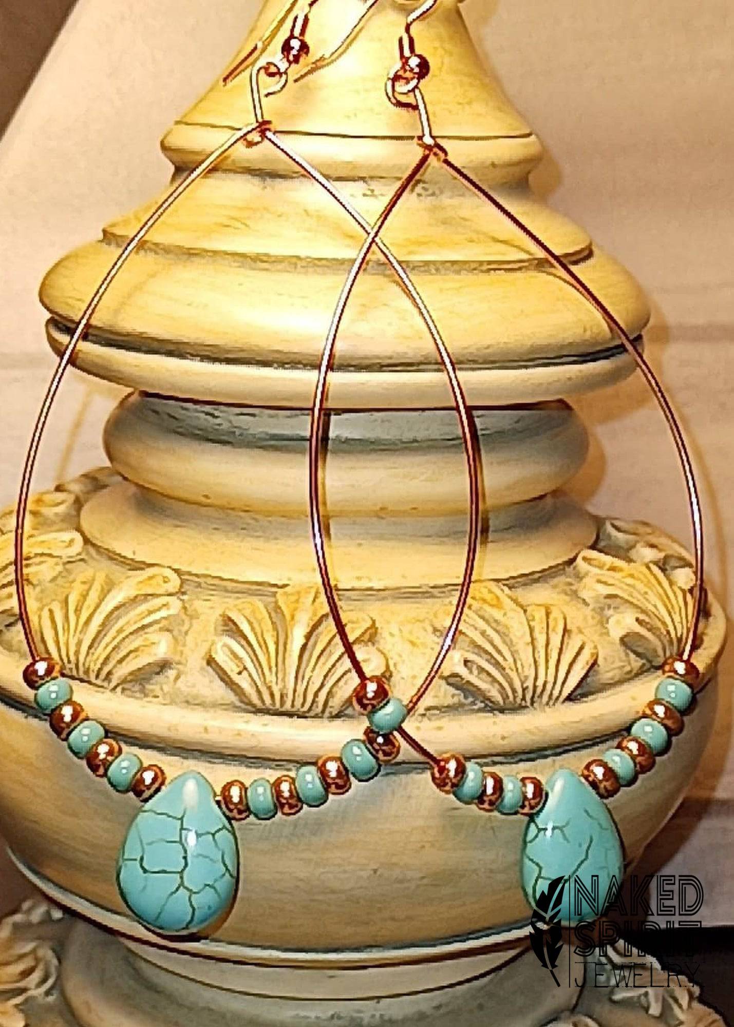 Turquoise Teardrop Beaded Copper Hoop Earrings - Expressive DeZien 